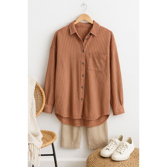 Calia Linen Blend Oversized Button-Up Shirt Brown White Stripe Long Sleeve M - Picture 1 of 10